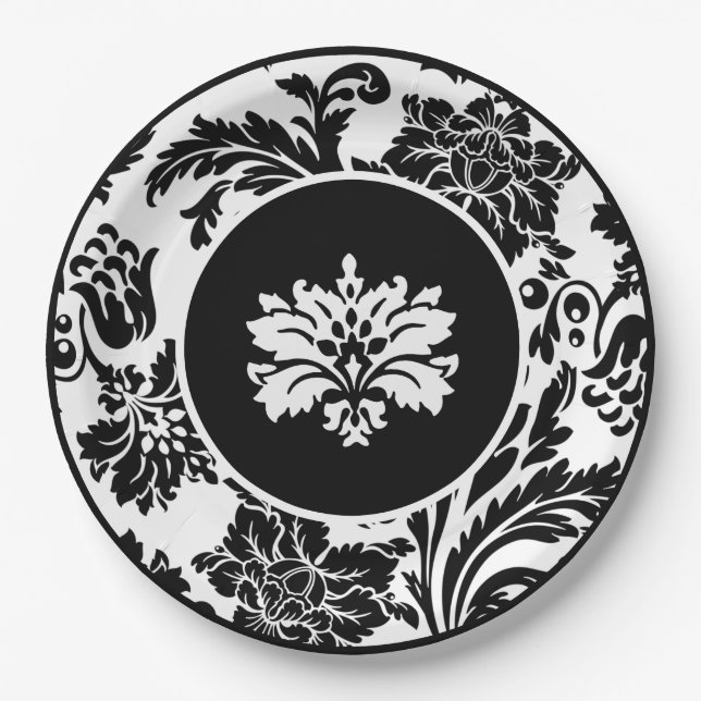 Formales Hochzeitspapier mit schwarz-weißem Damast Pappteller (Vorderseite)