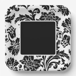 Formales Hochzeitspapier mit schwarz-weißem Damast Pappteller