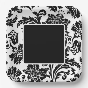 Formales Hochzeitspapier mit schwarz-weißem Damast Pappteller