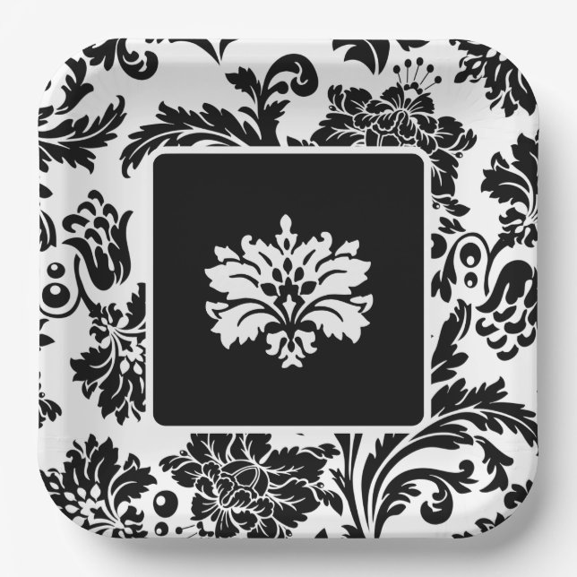 Formales Hochzeitspapier mit schwarz-weißem Damast Pappteller (Vorderseite)