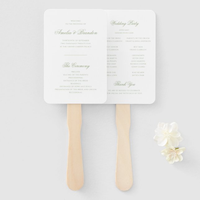 Formales klassisches Salbeigrünes Skript Hochzeits Fächer (Vorne und Hinten)