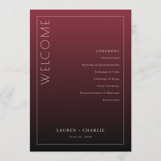Formales marones Hochzeitsprogramm Programm (Vorderseite)