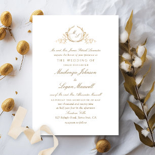 Formales Monogramm Weiß und Gold Elegante Hochzeit Einladung