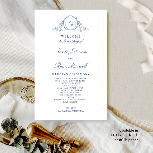 Formales, monogrammiertes, blaues Hochzeitsprogram (Von Creator hochgeladen)