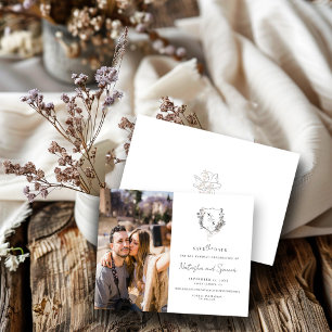 Formales schwarzes und weißes florales Wappen-Mono Save The Date