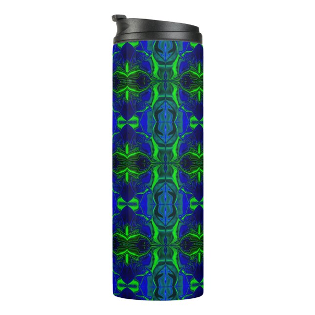 Formas, 'traços verdes flutuam' em fundo azul. thermosbecher (Nach rechts gedreht)