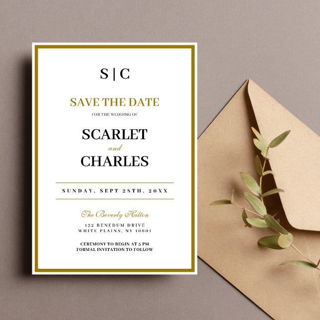 Formell Klassisch Schwarz Gold Monogramm Hochzeit Save The Date (Formal black and gold monogram save the date sets an elegant tone for your wedding.)