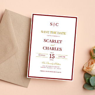 Formell klassische burgunderrote und goldene Monog Save The Date