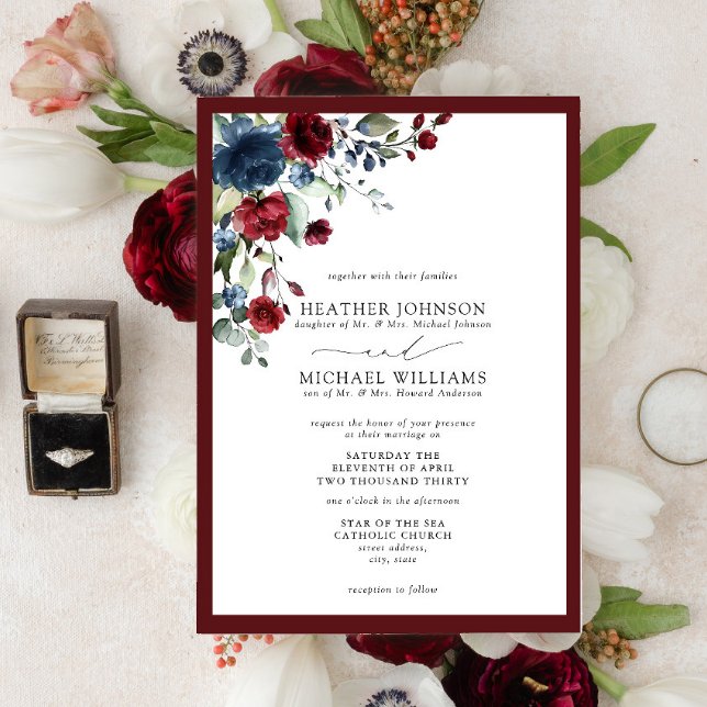 Formelles Burgundy- und Navy-Floral-Aquarellschrif Einladung (Von Creator hochgeladen)