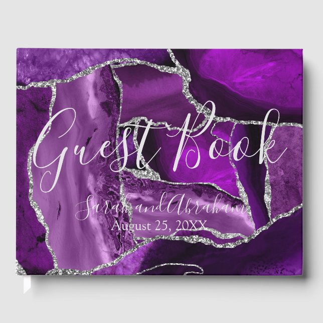 Förmliche Lila Agate Silver Imitats Glitzer Hochze Gästebuch (Vorderseite)