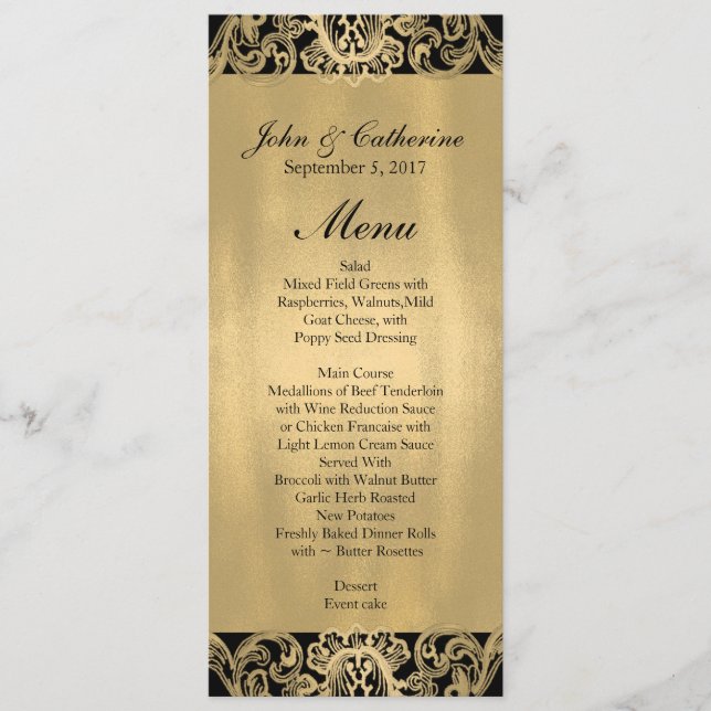 Förmliches Schwarz-Gold-Hochzeitmenü Menükarte (Vorderseite)