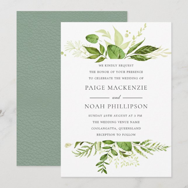 Forrest Greenery Elegante Hochzeit Einladung (Vorne/Hinten)