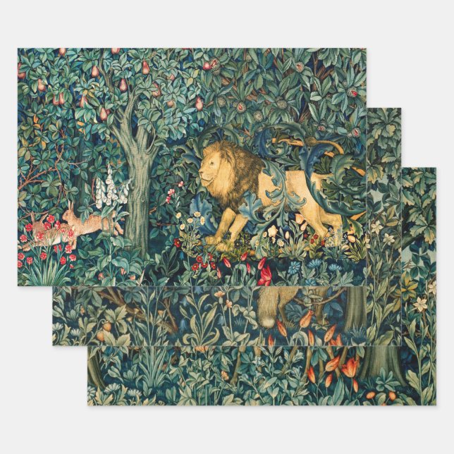 FORSTTIERE Fasan, Fox, Löwe, Hase, grüne Blüte Geschenkpapier Set (Set)