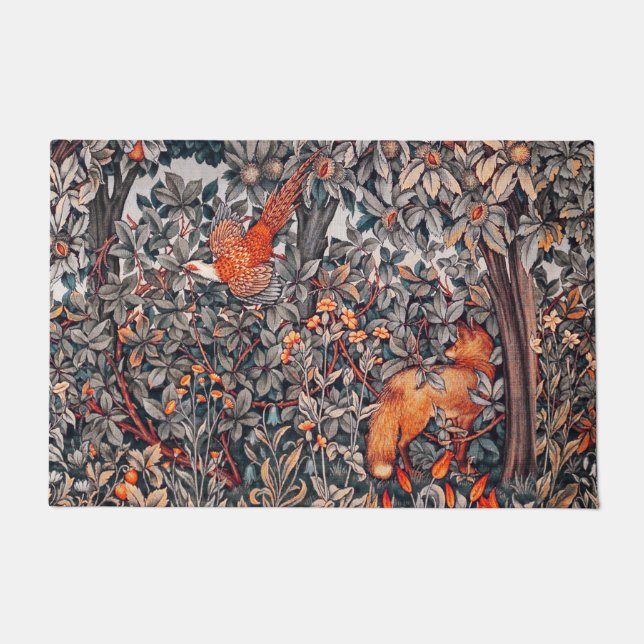 FORSTTIERE Fasane, Fox, Schwarz-weiße Rote Flora Fußmatte (Vorderseite)