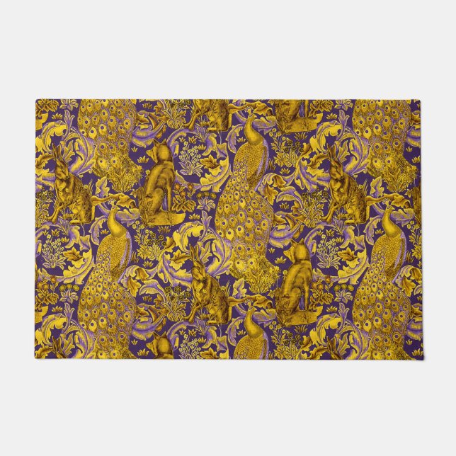 FORSTTIERE, FOX, PEACOCK, HARE Gold Lila Blüten Fußmatte (Vorderseite)