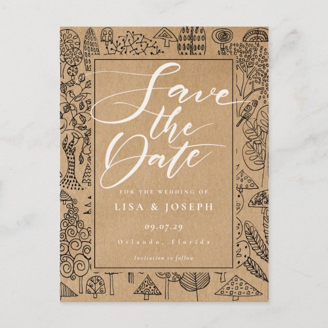 Forstwald Rustic Kraft Drehbuch Save the Date Postkarte (Vorderseite)