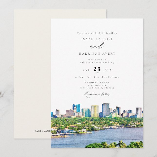 FORT LAUDERDALE Hochzeit der Wasserfarbe Skyline Einladung (Vorne/Hinten)