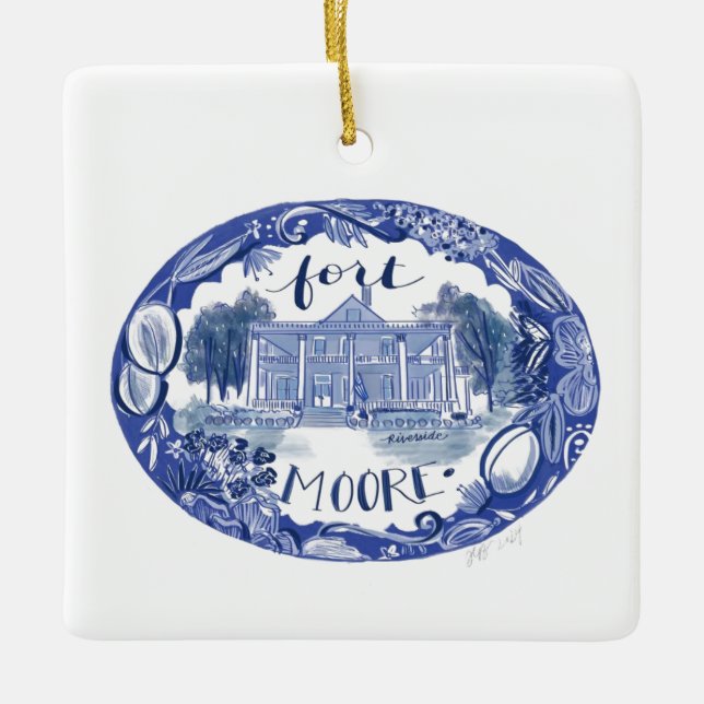 Fort Moore Riverside Chinoiserie Weihnachtsnachtsn Keramikornament (Vorderseite)