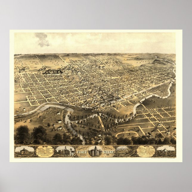 Fort Wayne, IN Panorama Karte - 1868 Poster (Vorne)