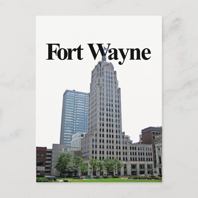 Fort Wayne Indiana Skyline w/Fort Wayne im Himmel Postkarte (Vorderseite)