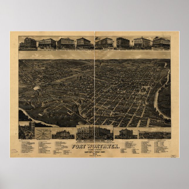 Fort Worth Texas 1886 Antik Panoramablick Karte Poster (Vorne)
