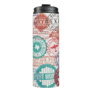 Fort Worth Texas Set der Briefmarke. Briefmarke. M Thermosbecher
