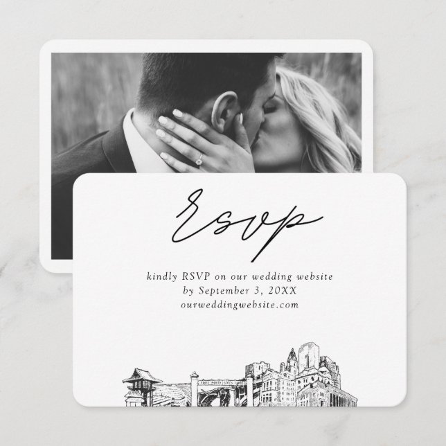 Fort Worth Wedding Minimalistisch Sketch UAWG Begleitkarte (Vorne/Hinten)