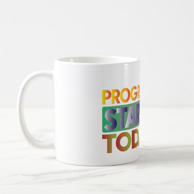 Fortschritt beginnt heute kaffeetasse (Links)