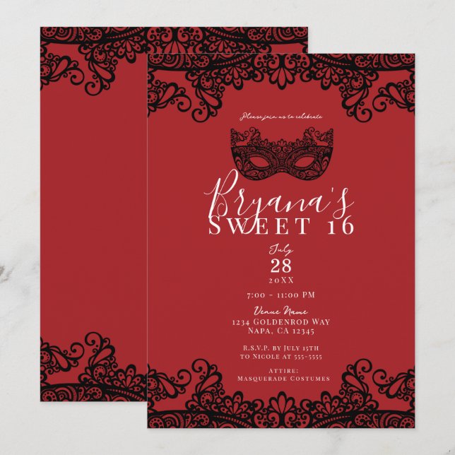 Fortune Red Black Lace Masquerade Sweet 16 Party Einladung (Vorne/Hinten)