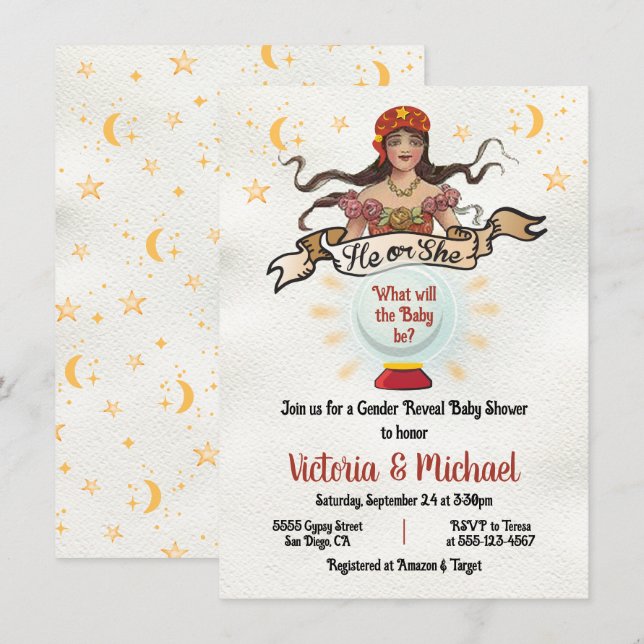 Fortune Teller Sinti und Roma Gender Reveal Party Einladung (Vorne/Hinten)