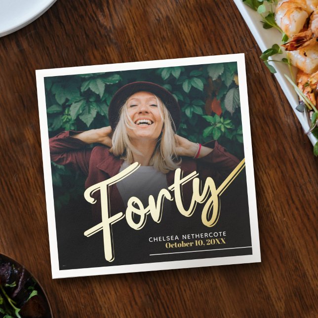 Forty 40th Birthday custom photo script gold Serviette (Von Creator hochgeladen)