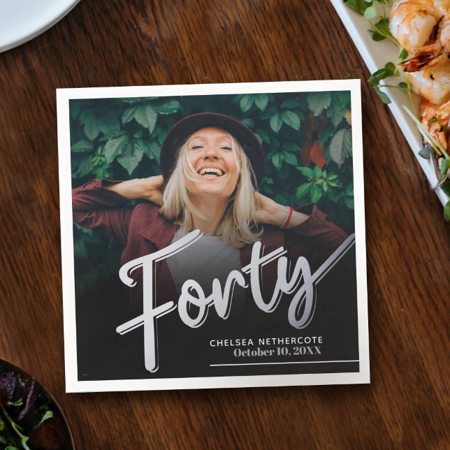 Forty 40th Birthday custom photo script silver Serviette (Von Creator hochgeladen)