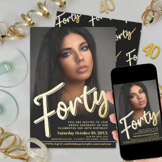 Forty 40th Birthday photo script flat gold color Einladung