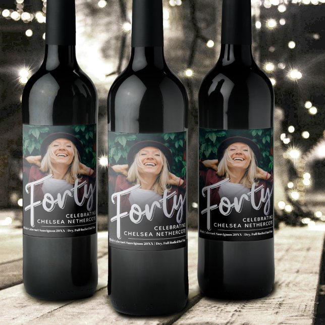 Forty 40th Birthday photo script silver black Weinetikett (Von Creator hochgeladen)