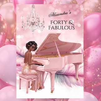 Forty Fabulous Elegant Birthday Pink White Piano  Einladung