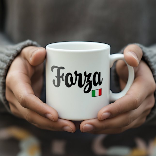 Forza Italian Flag Mug Kaffeetasse (Man's hands hold a white mug with Forza (strength, courage) and the Italian Flag. Encouragement)