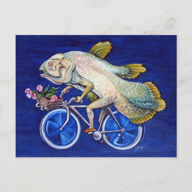 Fossile Coelacanth auf einem Fahrrad mit Blau Postkarte (Vorderseite)