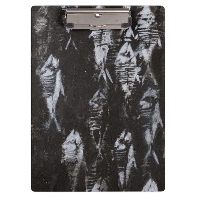 Fossile weiße Fische im schwarzen Hintergrund Klemmbrett (Vorderseite)