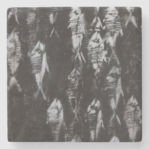 Fossile weiße Fische im schwarzen Hintergrund Steinuntersetzer