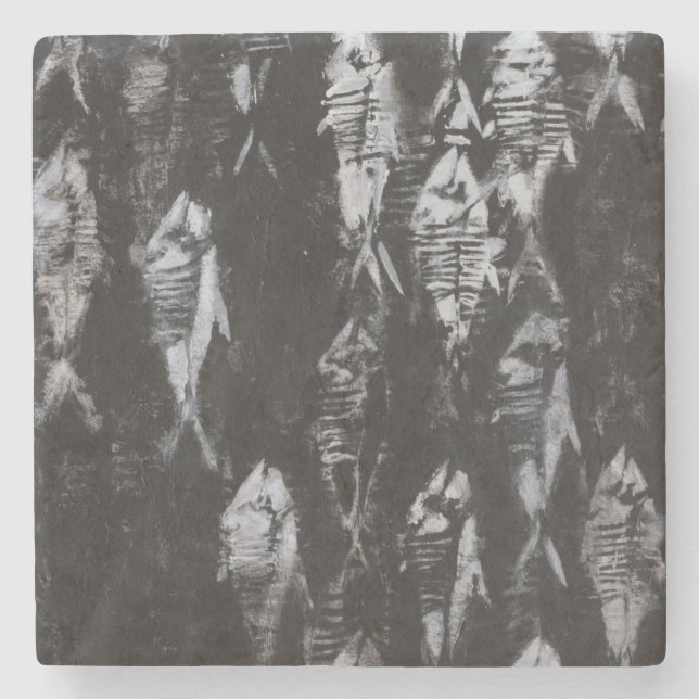 Fossile weiße Fische im schwarzen Hintergrund Steinuntersetzer (Vorderseite)