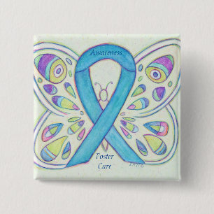 Foster Care Blue Butterfly Awareness Ribbon Button