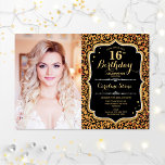 Foto 16. Geburtstagsparty Gold Leopard Print Einladung<br><div class="desc">Leopard Print 16. Geburtstagsfeier Einladung mit Ihrem Foto. Features cheetah Muster,  Skript-Schriftart und Konfetti. Klassisches Schwarz-weißes Design mit Imitaten Glitzer Gold. Ideal für ein elegantes Tierbild in 16 . Geburtstag.</div>