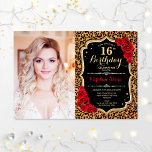 Foto 16. Geburtstagsparty Red Gold Leopard Print Einladung<br><div class="desc">Leopard Print 16. Geburtstagsfeier Einladung mit Ihrem Foto. Features Gepard-Muster,  Skript-Schriftart,  rote Rosen und Konfetti. Klassisches Schwarz-weißes rotes Design mit Imitaten Glitzer Gold. Ideal für ein elegantes Tierbild in 16 . Geburtstag.</div>