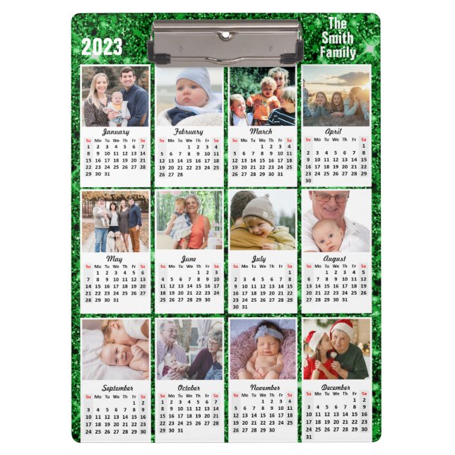 Foto 2023 Kalender 12 Familie Moderner grüner Glit Klemmbrett (Vorderseite)