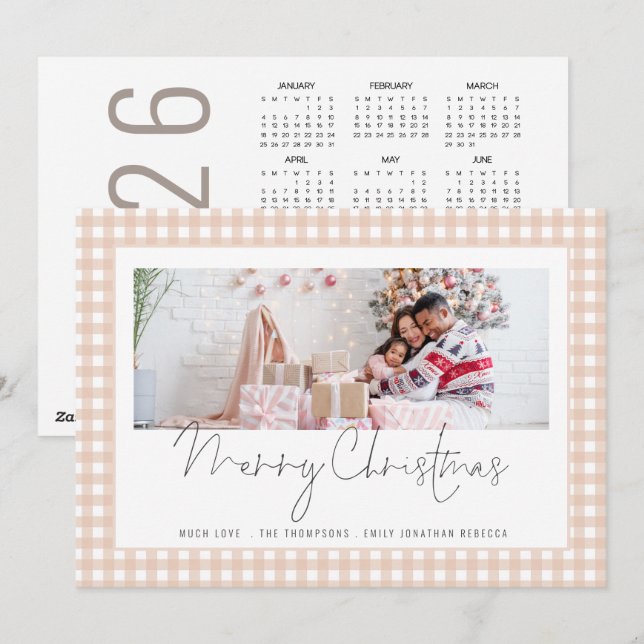 Foto 2026 Calendar Creme Gingham Frohe Weihnachten (Vorne/Hinten)