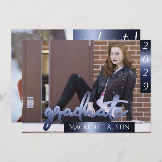 FOTO 2 | Navy Script Dark Blue Keepake Einladung (Vorne/Hinten)