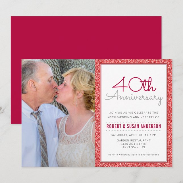 Foto 40. Hochzeit Jubiläum Imitate Roter Glitzer Einladung (Vorne/Hinten)