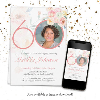 Foto 60. Geburtstag Pink Floral Wasserfarbe Custom Einladung
