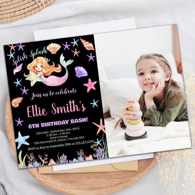 Foto 6. Rosa Unter der Meerjungfrau Geburtstag Einladung (Photo 6th Pink Under the sea Mermaid Birthday Invitation)