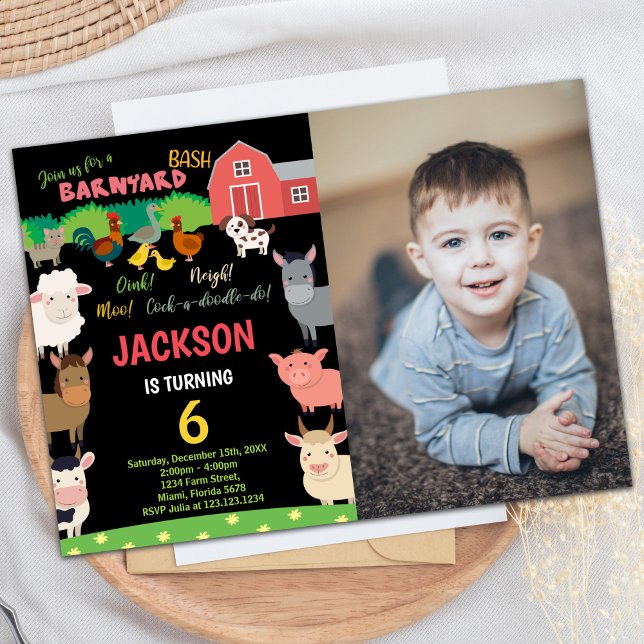 Foto 6. Schwarze Landtiere Einladungen zum Geburts (Photo 6th Black Farm Animals Birthday Invitations)